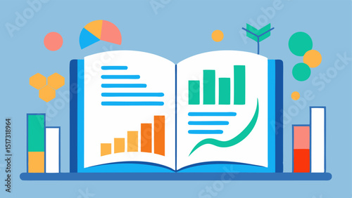 Genetic Research Overview An open book displaying illustrations of DNA sequences graphs and statistics related to genetic research and patient outcomes.