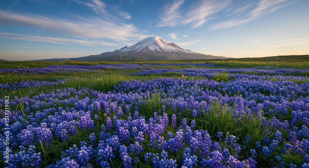 Fototapeta premium 雄大な山と青紫の花畑 春の穏やかな風景