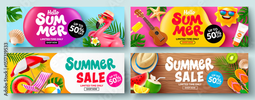 Summer banner template set with colorful backgrounds,tropical elements,summer discount tags,beach accessories and decorative designs for hot seasonal promotions,Banner template for summer sale
