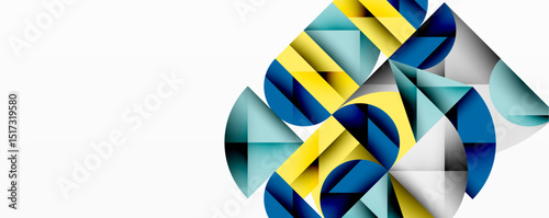 Abstract geometric shapes, blue, yellow, gray tones. Minimalist design, clean lines, modern aesthetic. Composition focuses right side.