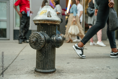Wallpaper Mural Fire hydrant stands in focus as a crowd walks by on the city sidewalk. Urban moment captured in motion. Torontodigital.ca