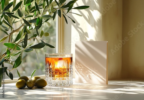 Whiskey glass mockup with olives and book in soft sunlight

