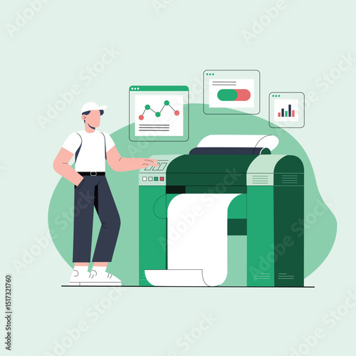 Graphic Designer Printing Presentation with Charts and Data – Flat Vector Illustration