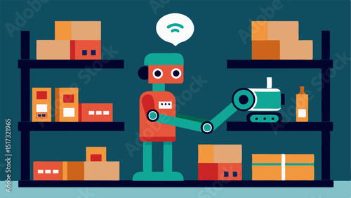 Automated Inventory Robot An indoor robot scanning shelves in a warehouse with scanners and sensors autonomously managing stock levels and data analytics without needing to connect
