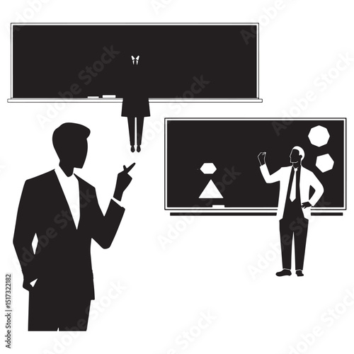 black silhouette of teacher and students in classroom with chalkboard and diagrams showing educational learning concept vector design for school illustration