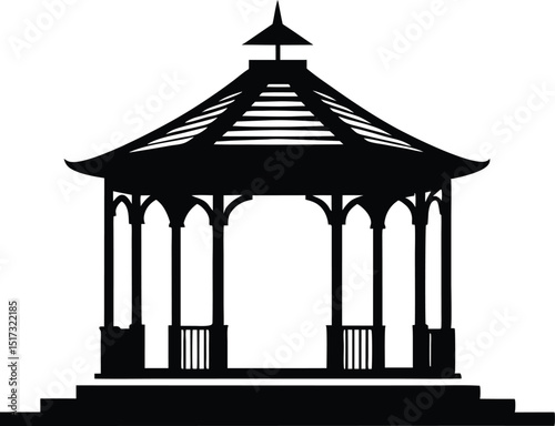 Elegant outdoor gazebo silhouette, Gazebo silhouette vector, Gazebo icon, Black gazebo park silhouette vector