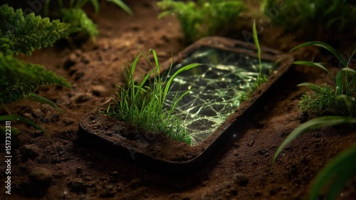 A broken smartphone half-buried in the dirt, with nature starting to reclaim it grass growing through the cracked screen.
