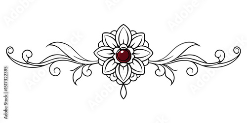 Symmetrical floral divider with central garnet gem in black and white  