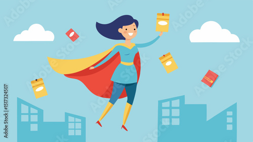 Coupon Crusader A cheerful female superhero with a flowing cape made of coupons flying above a shopping mall and handing out large colorful coupons to happy shoppers below.