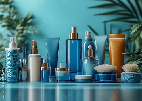 Blue skincare product mockup with green leaves on turquoise background

