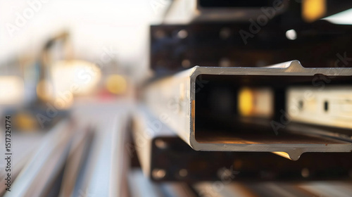 Stacked steel beams in close-up view representing trade barriers and economic protectionism, industrial strength and construction material concepts.