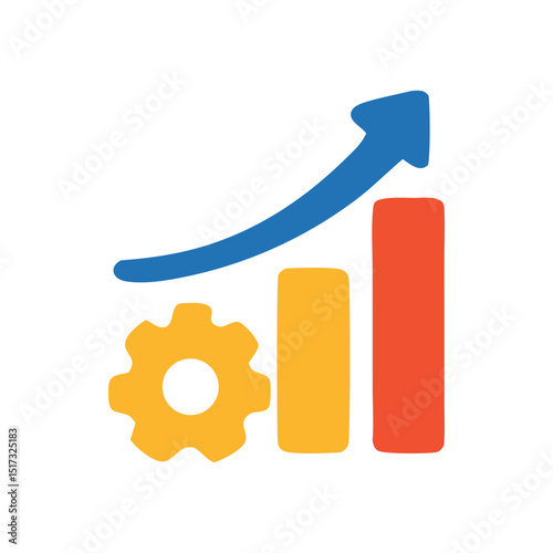 A colorful illustration featuring a business growth chart with upward arrow and a gear icon, suitable for presentations and reports to represent progress and success.