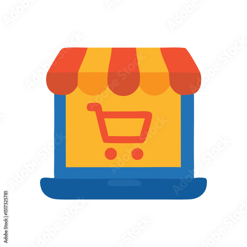 Online shopping concept with a laptop and market stall design, flat vector illustration