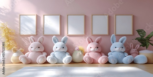 Plush bunny mockup in cozy room with pastel colors and greenery


