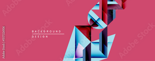 Abstract geometric design features layered ribbons, vibrant colors. Pink backdrop complements blue, purple hues creating modern visual impact. Minimalist style.