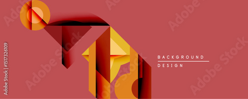Abstract geometric design features layered shapes, warm color palette. Red background complements orange, yellow elements creating modern visual impact. Minimalist style.