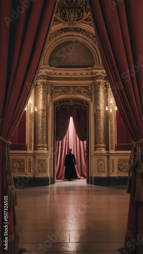 Elegant Classical Interior With Grand Red Curtains Ornate Columns And Dramatic Lighting In Historic Theater Palace Hallway
