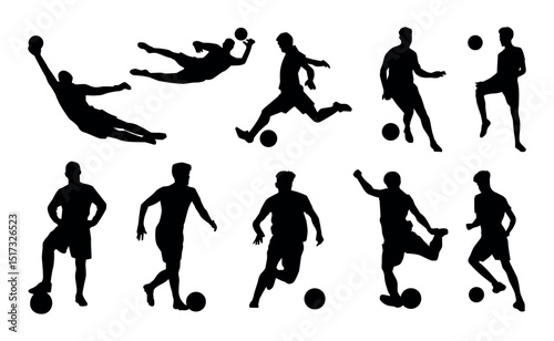 silhouette soccer player clipart. vector of silhouette set of soccer player kicking the ball