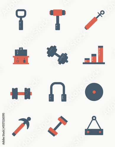 A collection of gym and fitness-related equipment icons illustrated in a flat 3D style. Includes weights, dumbbells, charts, and other training tools representing modern workout essentials
