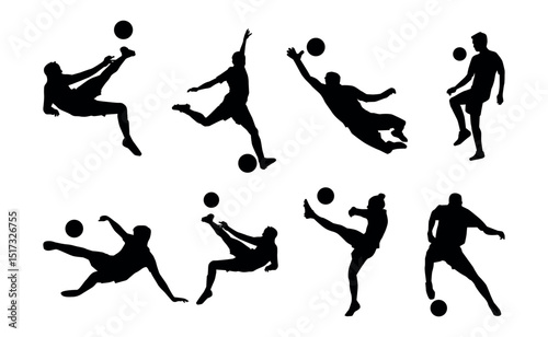 silhouette soccer player clipart. vector of silhouette set of soccer player kicking the ball