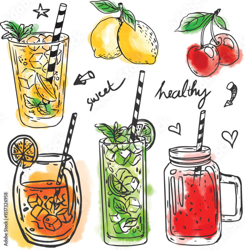 Watercolor illustration of various refreshing drinks with fruits and handwritten details