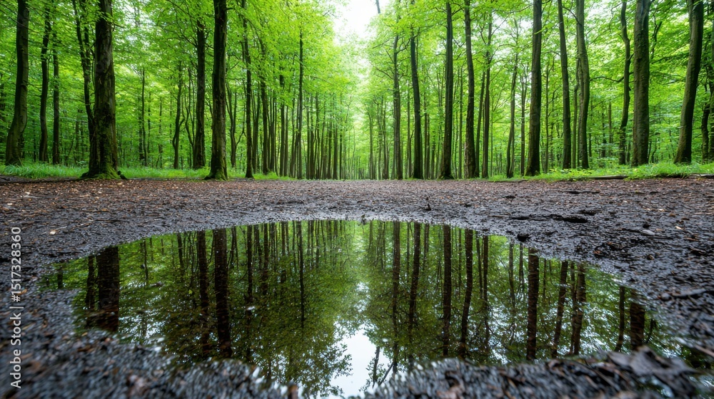Fototapeta premium Forest Reflection in Puddle, Spring Nature