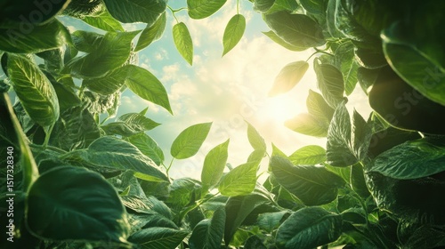An ultra-realistic, breathtaking, and magical photograph of a healthy soybean plant captured from an extreme low-angle (contre-plongÃ©e perspective). The soybean stalk is robust 