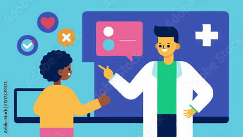 Interactive Education The patient engaging with an interactive health display while the doctor points out important information demonstrating a handson approach to learning about