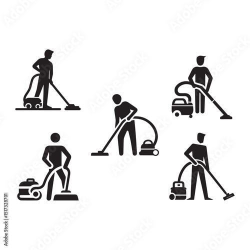 Silhouettes of man cleaning with vacuum cleaner vector on a white background.	