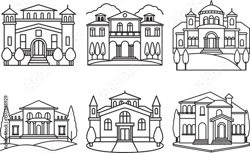 Set of villa outline vector illustration, line art