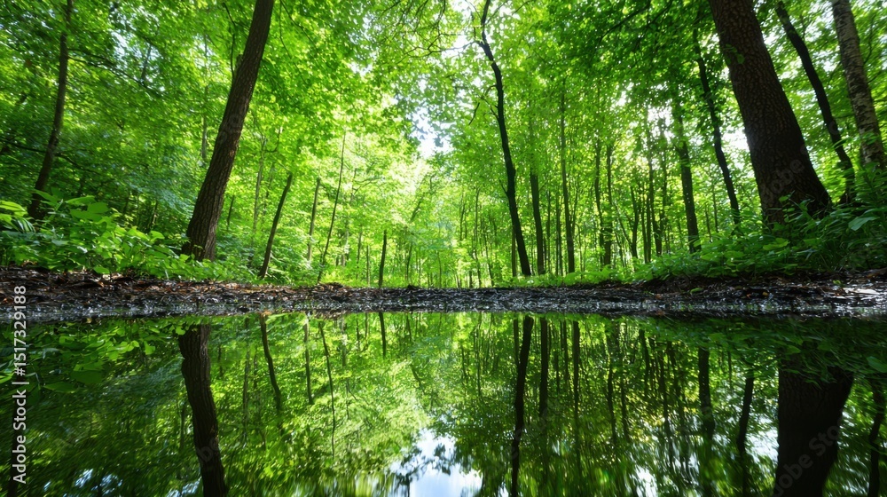 Fototapeta premium Lush Green Forest Reflection in Still Water