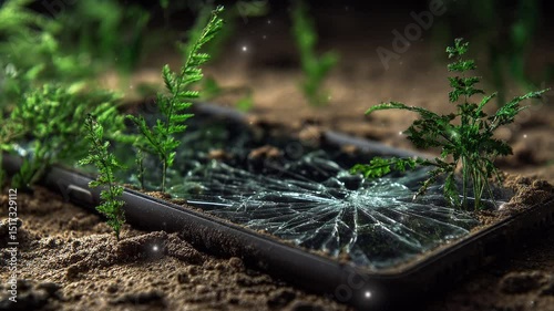 A broken smartphone half-buried in the dirt, with nature starting to reclaim it grass growing through the cracked screen.