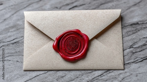 Elegant envelope sealed with red wax stamp on rustic gray marble surface perfect for vintage correspondence and classic letter writing