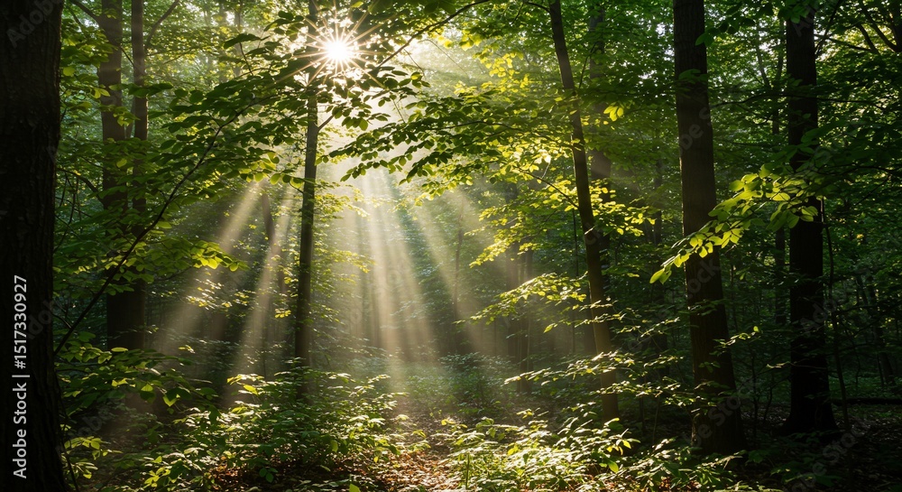 Fototapeta premium 深緑の森 朝の光が差し込む 神秘的な風景 木漏れ日輝く