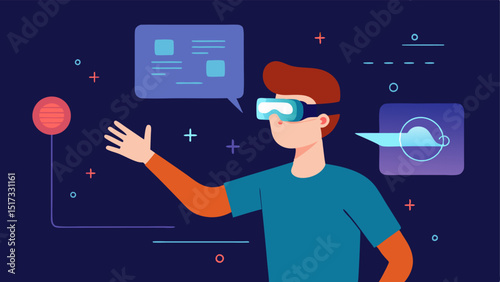 AR Glasses in Use A person wearing AR glasses pointing at a virtual object in the air with a digital interface overlay showing augmented reality graphics.