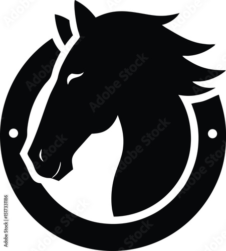  Horse head in horseshoe silhouette, horse or stallion inside horseshoe silhouette vector design 