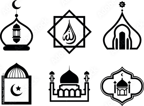 Black and white islamic icons and symbols featuring mosques and religious elements