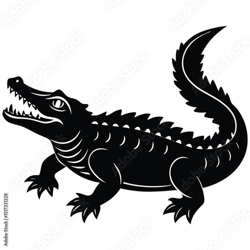 "Black Silhouette of a Crocodile - Fierce Wildlife Vector"