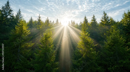 Sun Rays Through Forest Trees, Morning Light