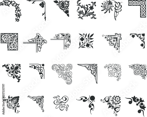 Collection of decorative vector corner designs with floral and ornamental vintage style