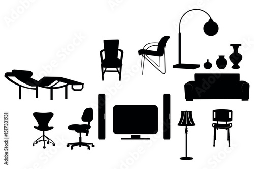Vector silhouettes of various furniture items and home decor elements against a white background