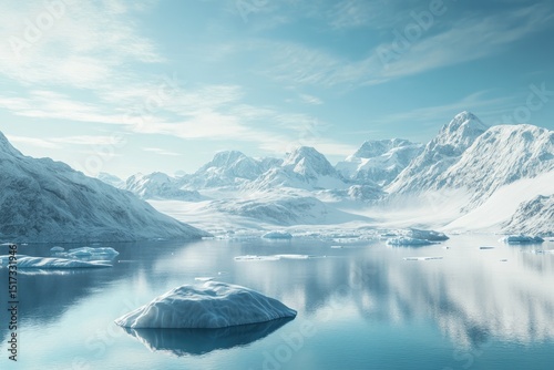 Arctic landscape, serene ice-covered mountains and a calm glacial lake, bright sunny day