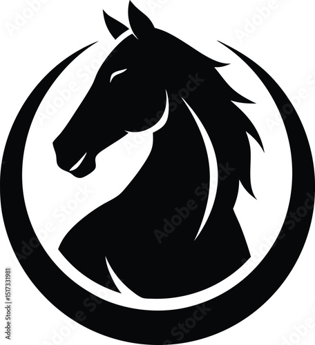  Horse head in horseshoe silhouette, horse or stallion inside horseshoe silhouette vector design 