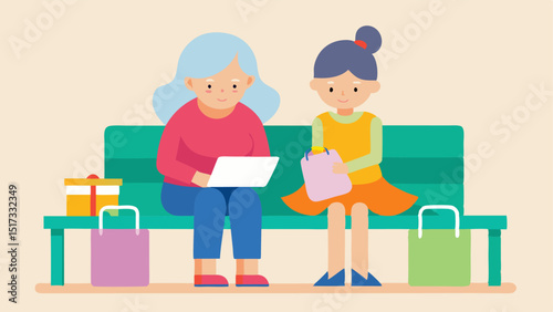 A grandmother and granddaughter sharing a bench the grandmother knitting while the granddaughter watches videos on her tablet surrounded by colorful shopping bags.