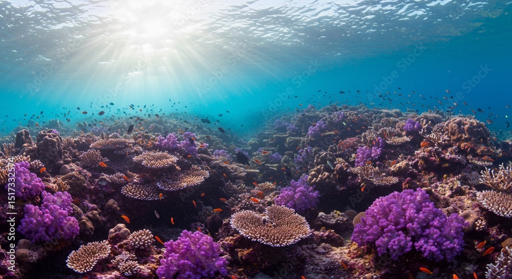 Fototapeta premium 輝くサンゴ礁 色鮮やか 熱帯魚群泳ぐ 海中風景