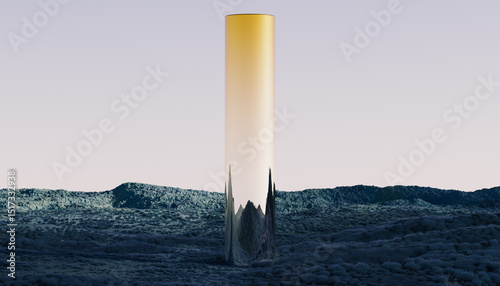 Golden Monolith Reflected in a Surreal Desert Landscape at Sunset
