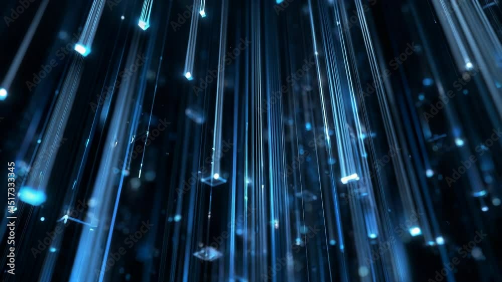 Blue light particles moving through digital fiber lines, representing data transfer, network connectivity, and futuristic communication systems
