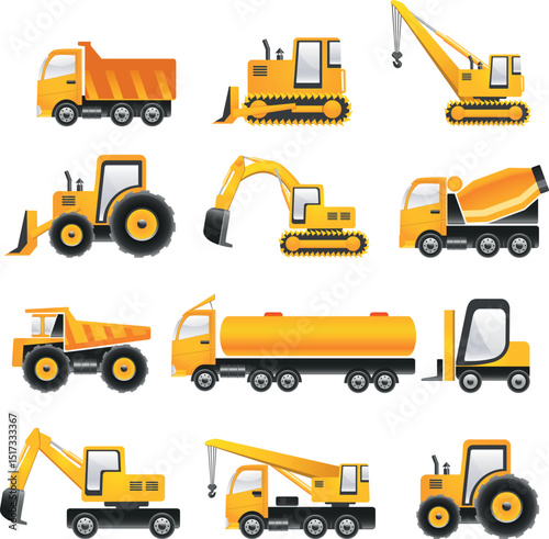 Collection of various construction vehicles including trucks excavators and heavy equipment