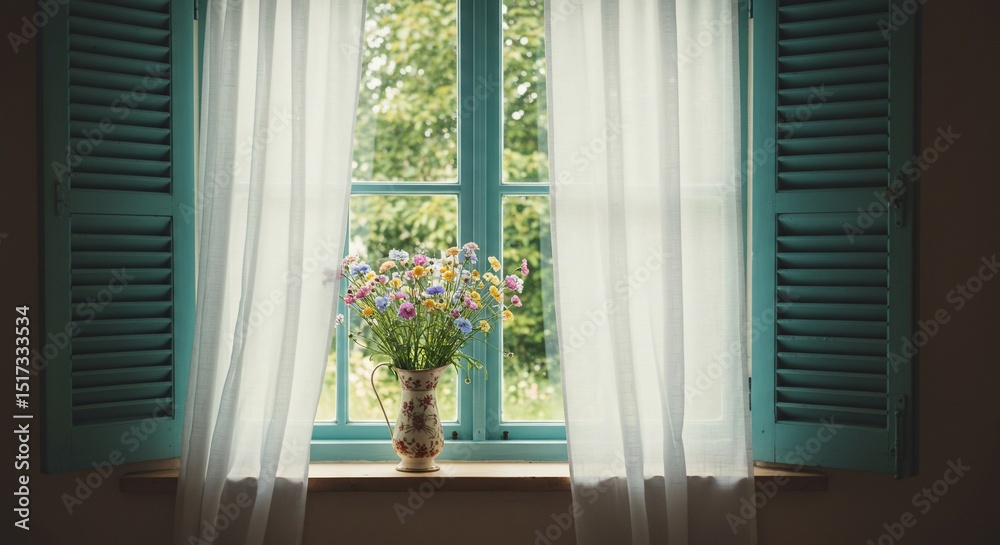 Fototapeta premium 窓辺の野花 透ける白カーテン 爽やか青窓枠