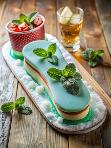 Cake shaped like a snowboarding board with mint julep